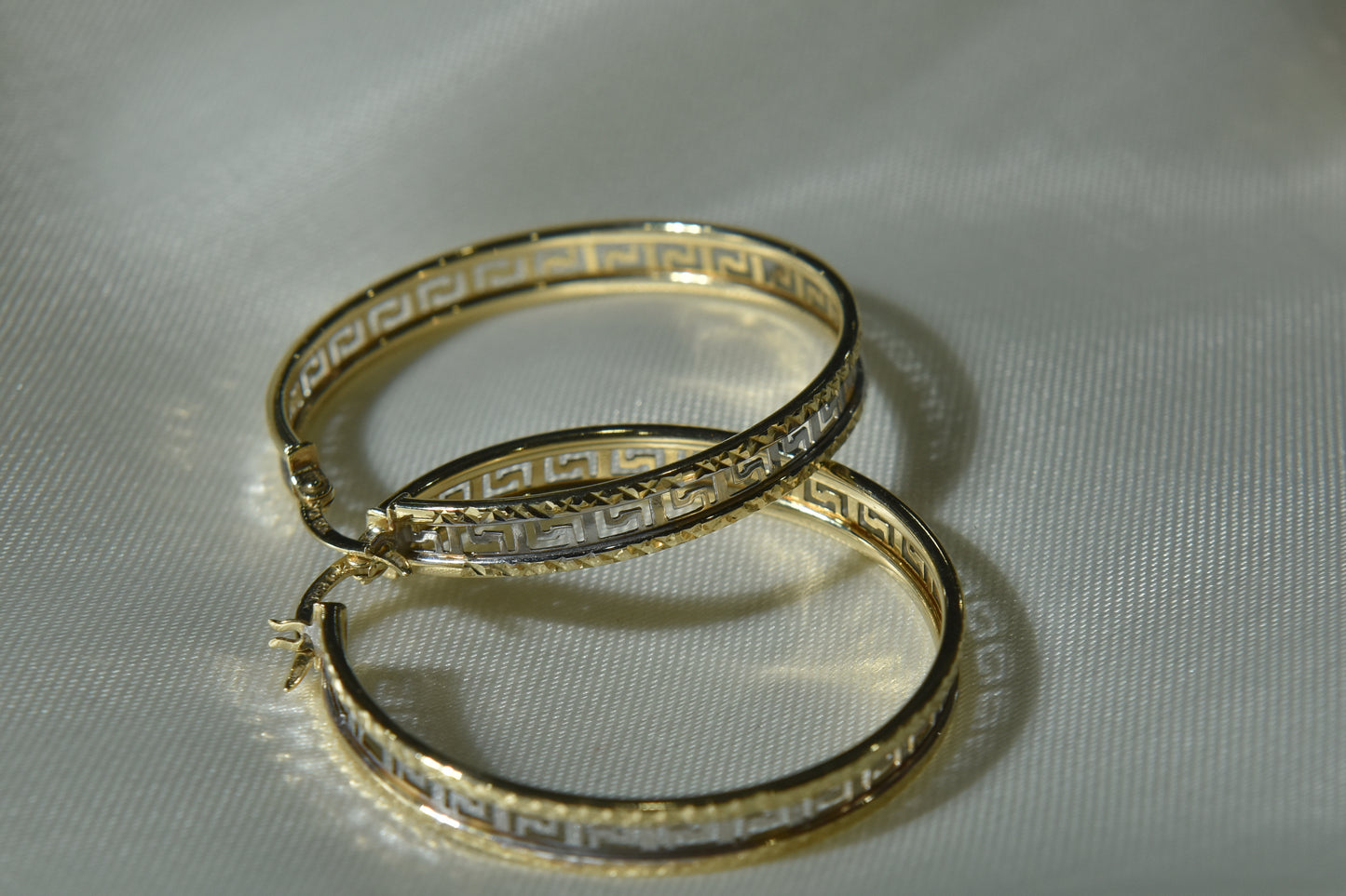 2-Tone Greek Cut Hoop Earrings in 10KT Gold