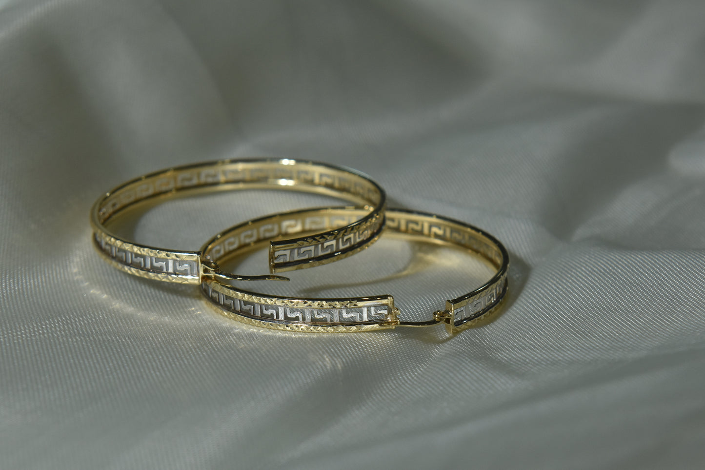 2-Tone Greek Cut Hoop Earrings in 10KT Gold