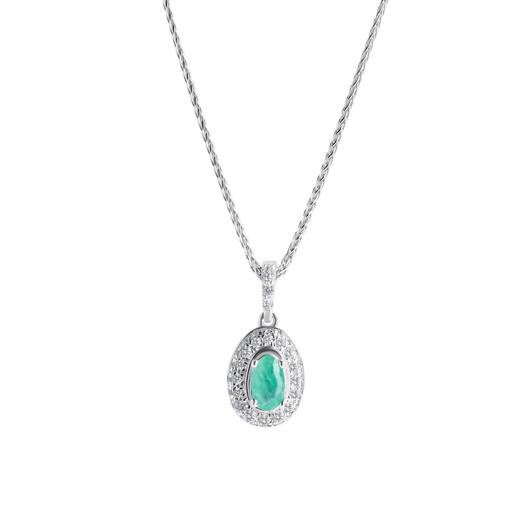 Emerald & Diamond Birthstone Pendant - Oval Cut 0.35 Carats in 14KT White Gold