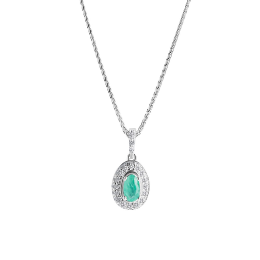 Emerald & Diamond Birthstone Pendant - Oval Cut 0.35 Carats in 14KT White Gold