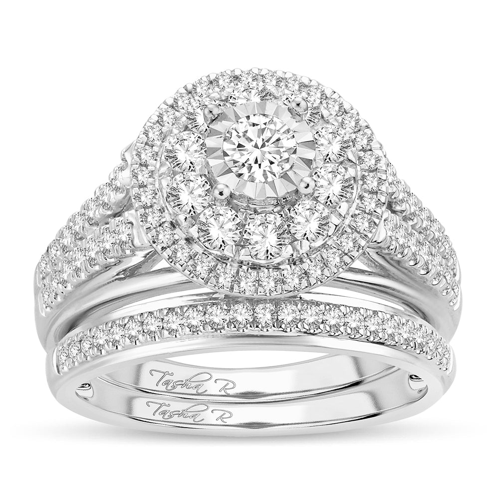 Diamond Cluster Engagement Ring with Matching Band - 1.10 Carats in 10KT Gold