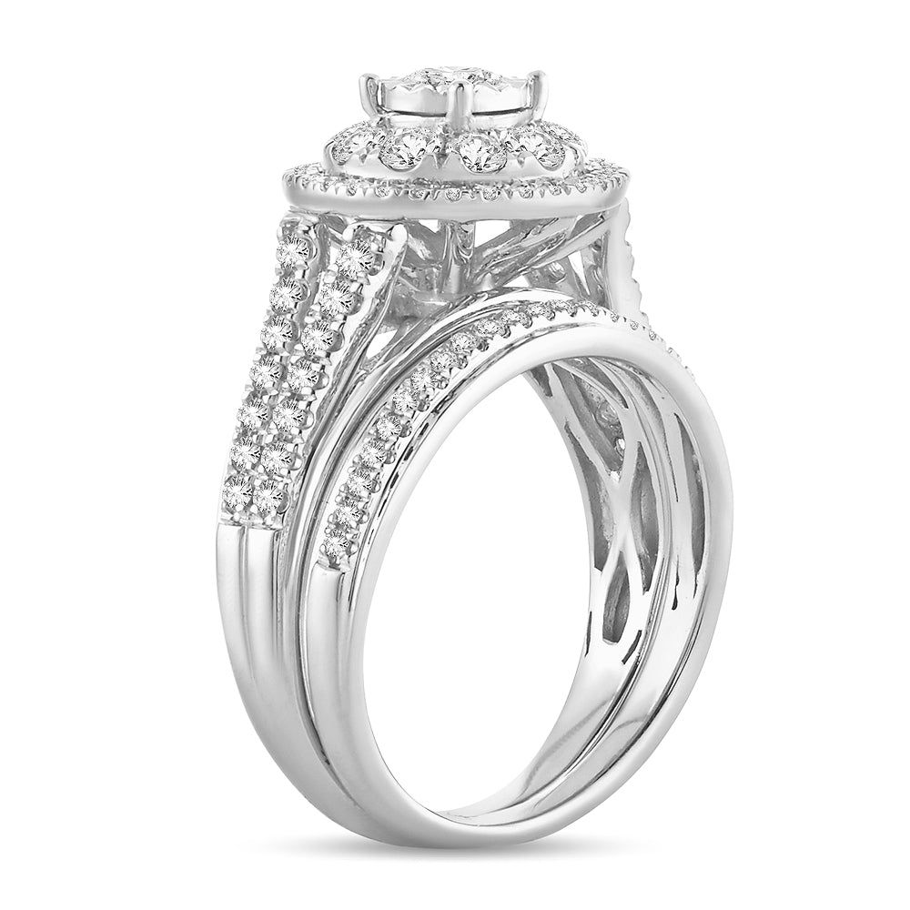 Diamond Cluster Engagement Ring with Matching Band - 1.10 Carats in 10KT Gold