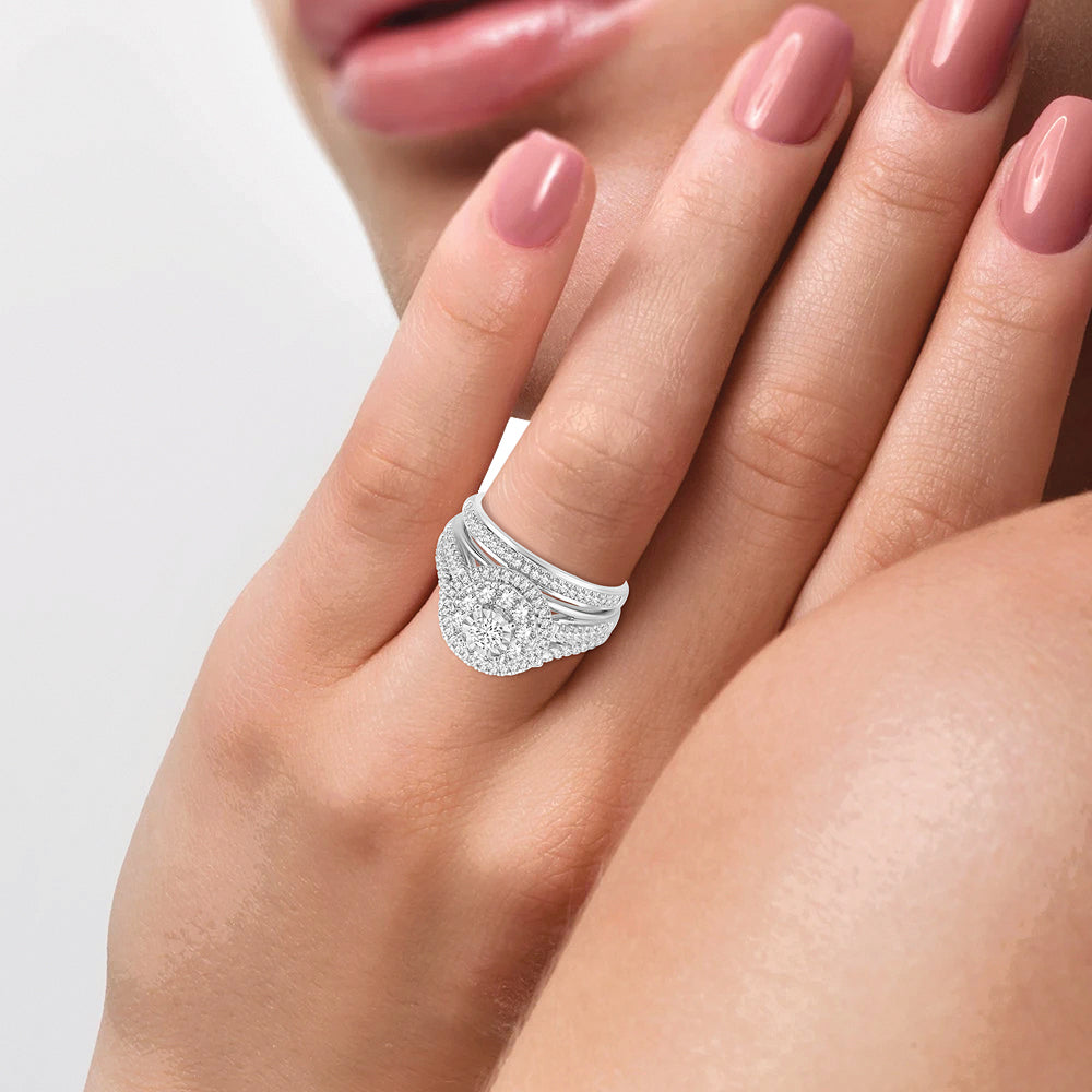 Diamond Cluster Engagement Ring with Matching Band - 1.10 Carats in 10KT Gold