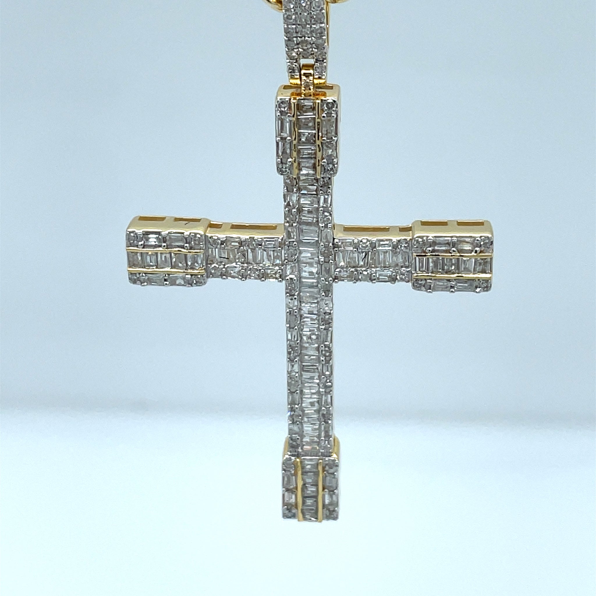 Diamond Cross Pendant Round and Baguette Cut 1.20 Carats 10KT Yellow Gold