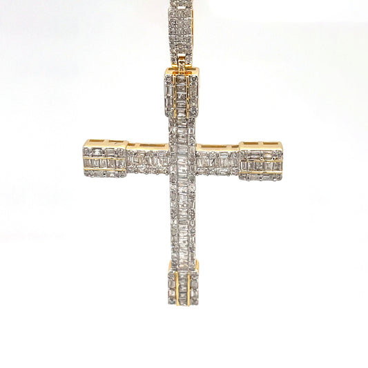 Diamond Cross Pendant - 1.20 Carats, Round and Baguette Cut in 10KT Yellow Gold
