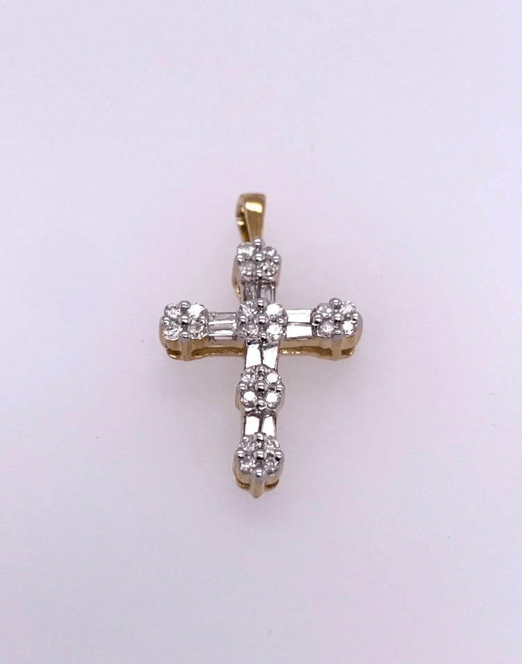 Diamond Cross Pendant Round Flower and Baguette Cut Yellow Gold