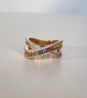 Diamond and Colored Stones Rainbow Cocktail Ring Yellow Gold