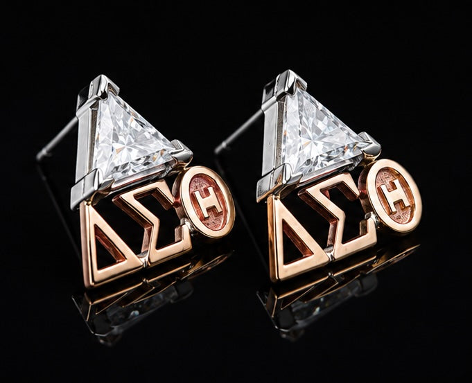 D9 ΔΣΘ Diamond Pyramid Stud Earrings in 2-Tone Gold
