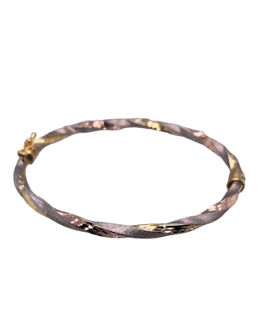 Twisted 3-Tone Gold Bangle in White, Yellow, and Rose Gold