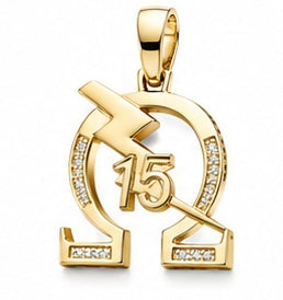 D9 ΩΨΦ Diamond Omega Bolt and Number Pendant in Yellow/White Gold (Omega Psi Phi Frat, Inc)