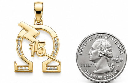 D9 ΩΨΦ Diamond Omega Bolt and Number Pendant in Yellow/White Gold (Omega Psi Phi Frat, Inc)
