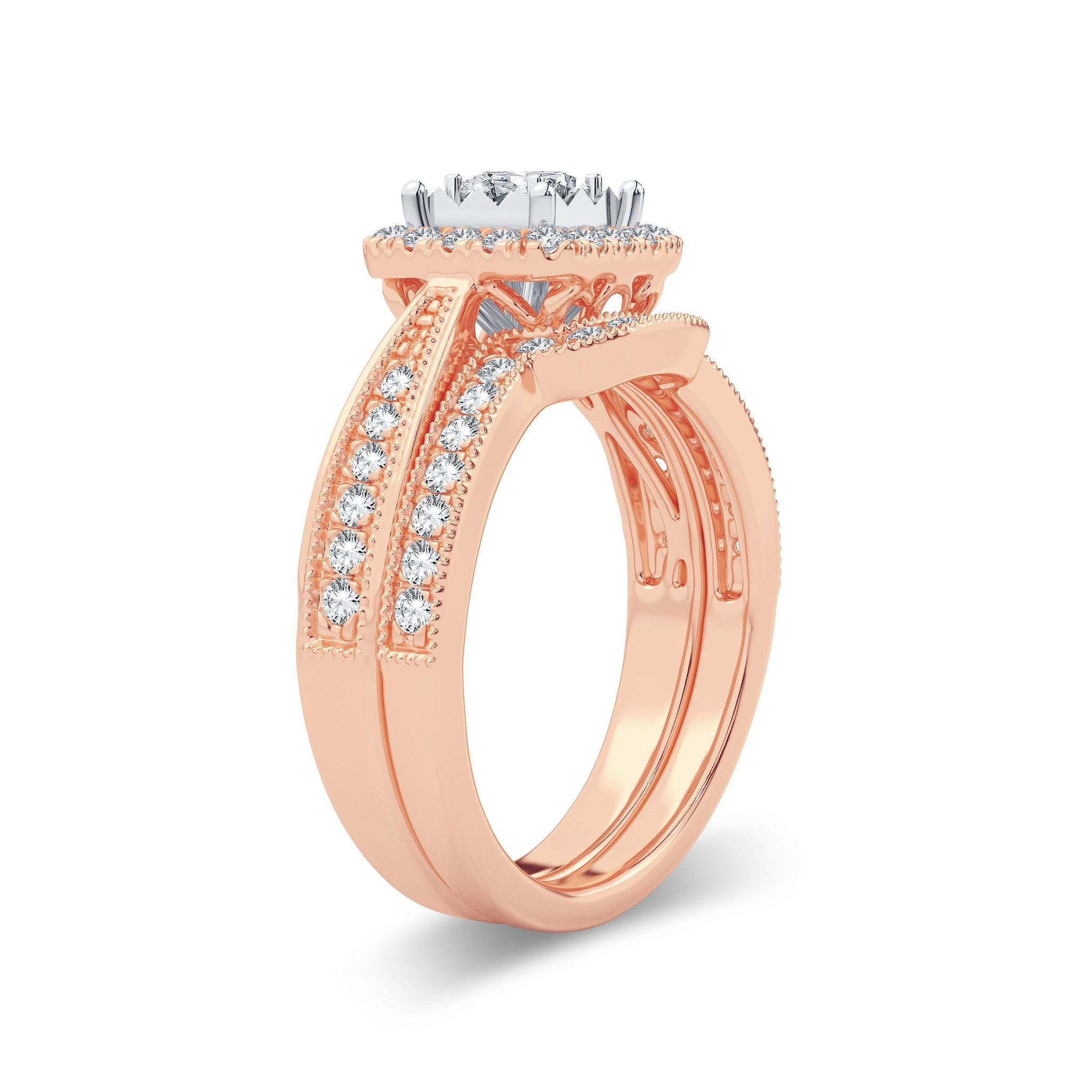 Diamond Engagement Ring with Band Princess Cut 0.75 Carats 14KT Rose Gold