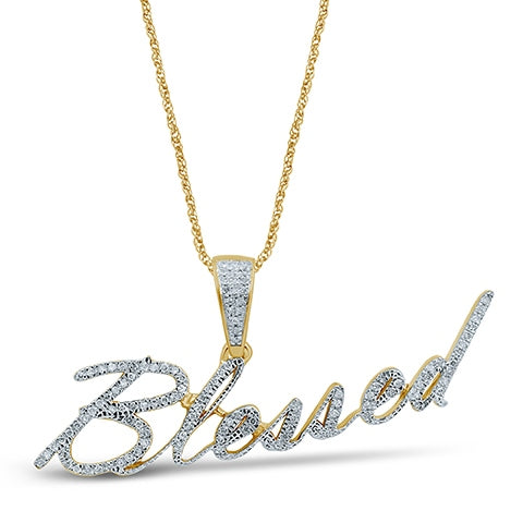 Diamond 'Blessed' Pendant Round Cut 0.24 Carats 10KT Yellow Gold