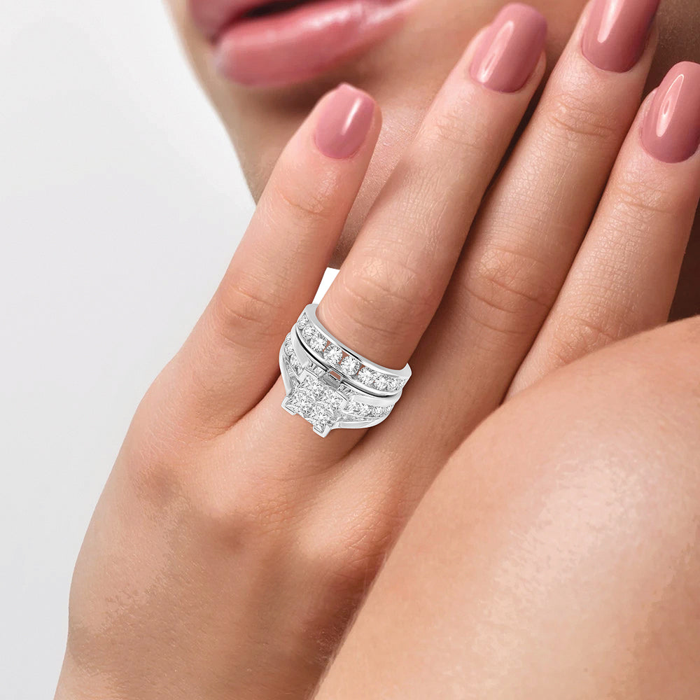 Diamond Engagement Ring with Band 1.00 Carats Princess with Round Cut 14KT White Gold
