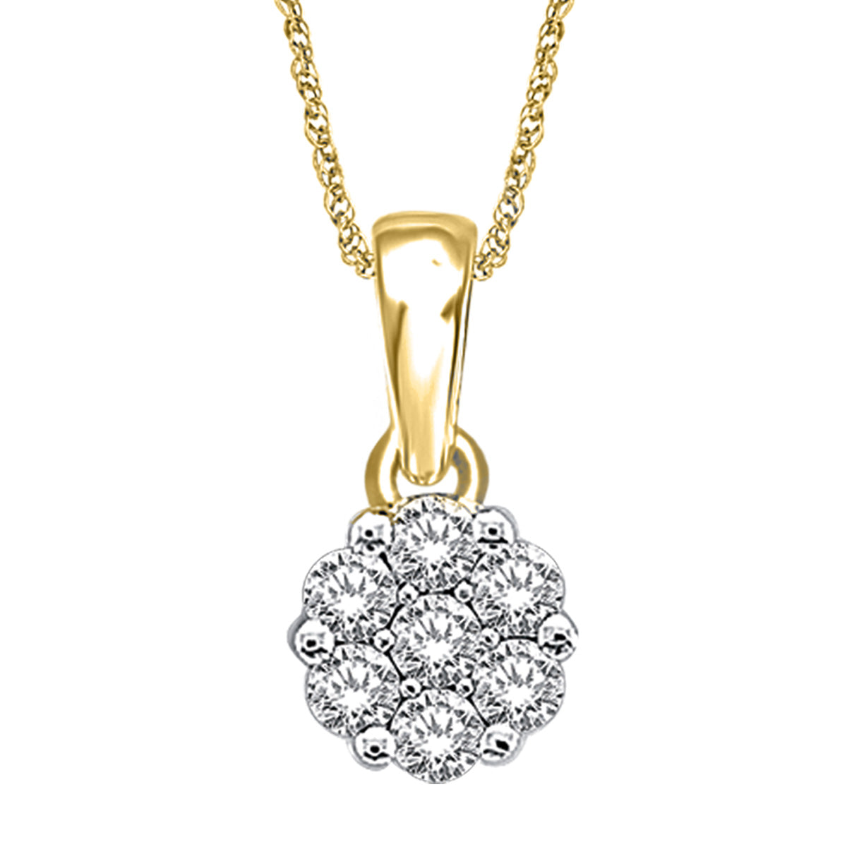 Diamond Flower Pendant Round Cut 14KT Gold with Chain