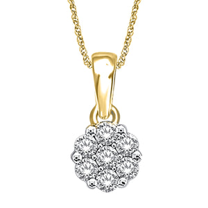 Diamond Flower Pendant Round Cut 14KT Gold with Chain