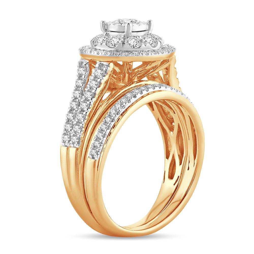 Diamond Cluster Engagement Ring with Matching Band - 1.10 Carats in 10KT Gold
