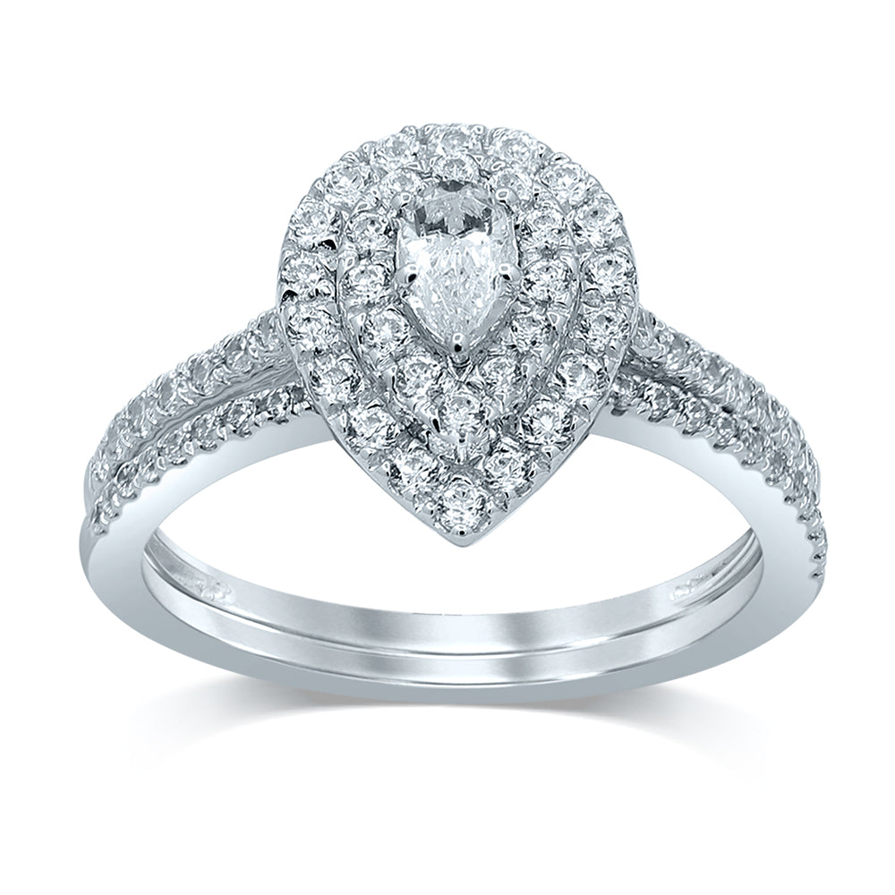 Diamond Engagement Ring with Band Pear Cut 1.00 Carats 14KT White Gold