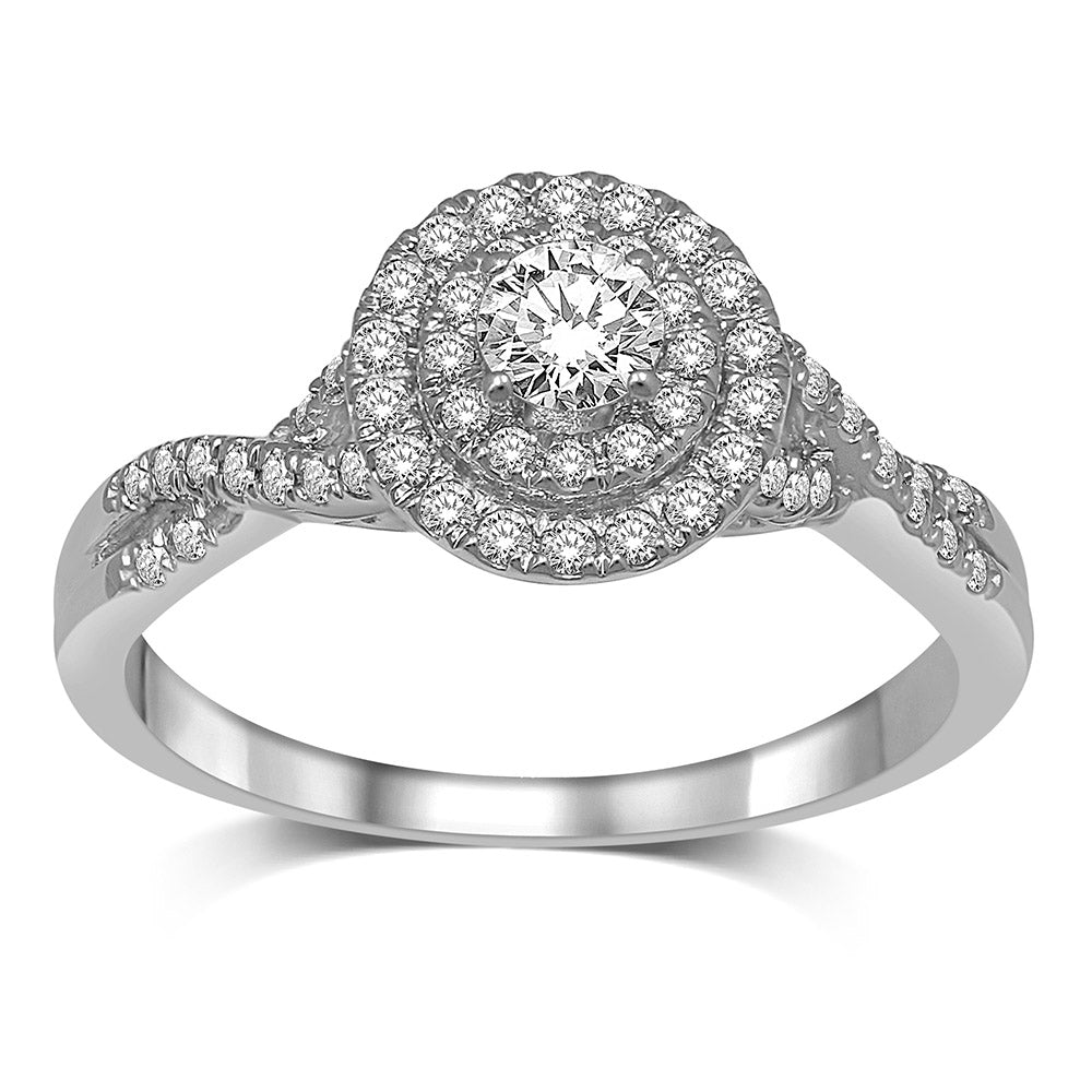 Diamond Halo Engagement Ring 0.52 Carats 14K White Gold