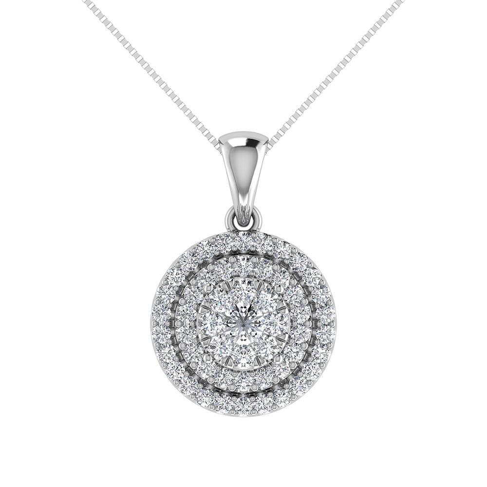 Diamond Double Halo Pendant 0.75 Carats 10KT Gold with Chain - try at home