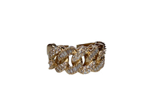 Diamond Cuban Link Ring 0.90 Carats Round and Baguette Cut 10KT Yellow Gold